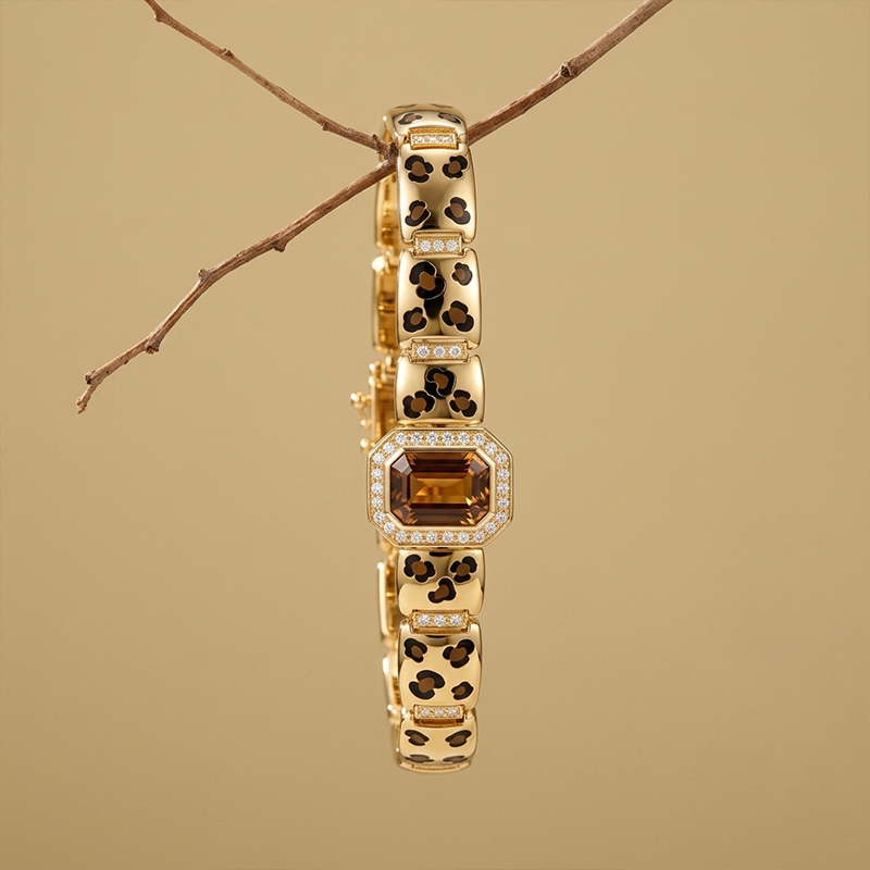 Sotiya Leopard Print Enamel Emerald Cut Coffee Gemstone Halo Link Bracelet