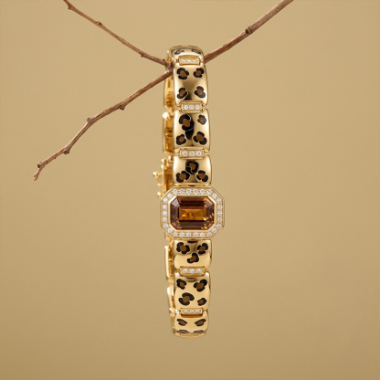 Sotiya Leopard Print Enamel Emerald Cut Coffee Gemstone Halo Link Bracelet