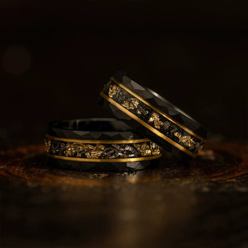 Sotiya Vintage Black Princess Cut & Meteorite Gold Leaf Couple Rings-Sotiya