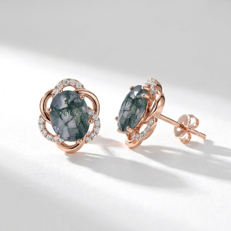 Sotiya Moss Agate Oval Cut Halo Flower Petal Design Stud Earrings Sterling Silver-Sotiya