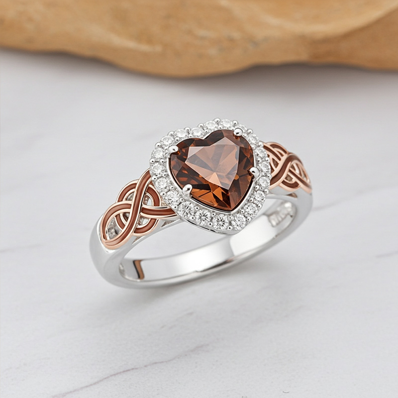 Sotiya Halo Heart Cut Knot Coffee Enamel Engagement Ring Sterling Silver-Sotiya