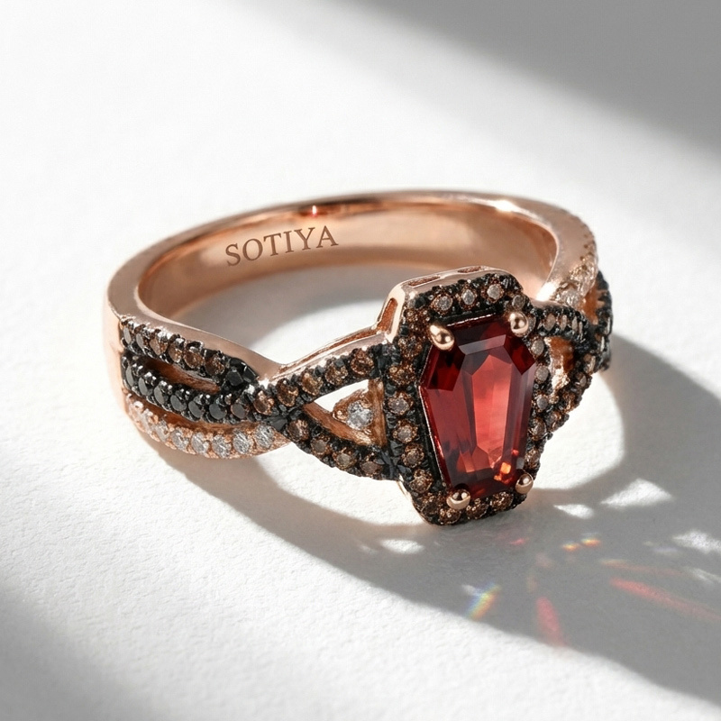 Sotiya Halo Coffin Cut Coffee Twist Shank Engagement Ring Sterling Silver-Sotiya