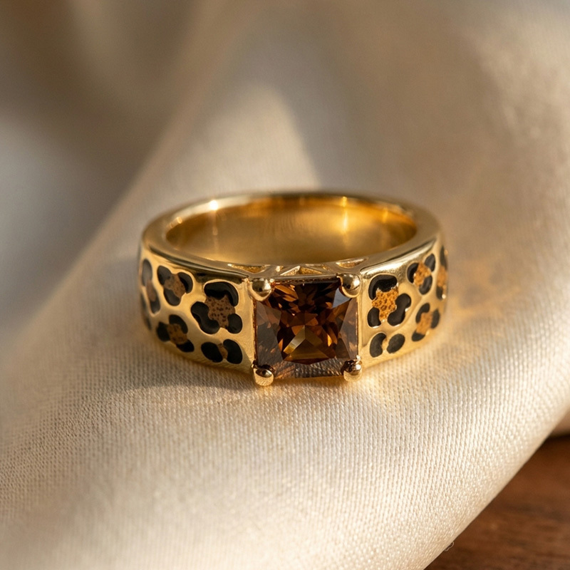 Sotiya Princess Cut Leopard Print Coffee Enamel Ring Sterling Silver-Sotiya