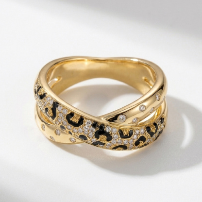 Sotiya Cross Leopard Print Black Enamel Ring Sterling Silver-Sotiya