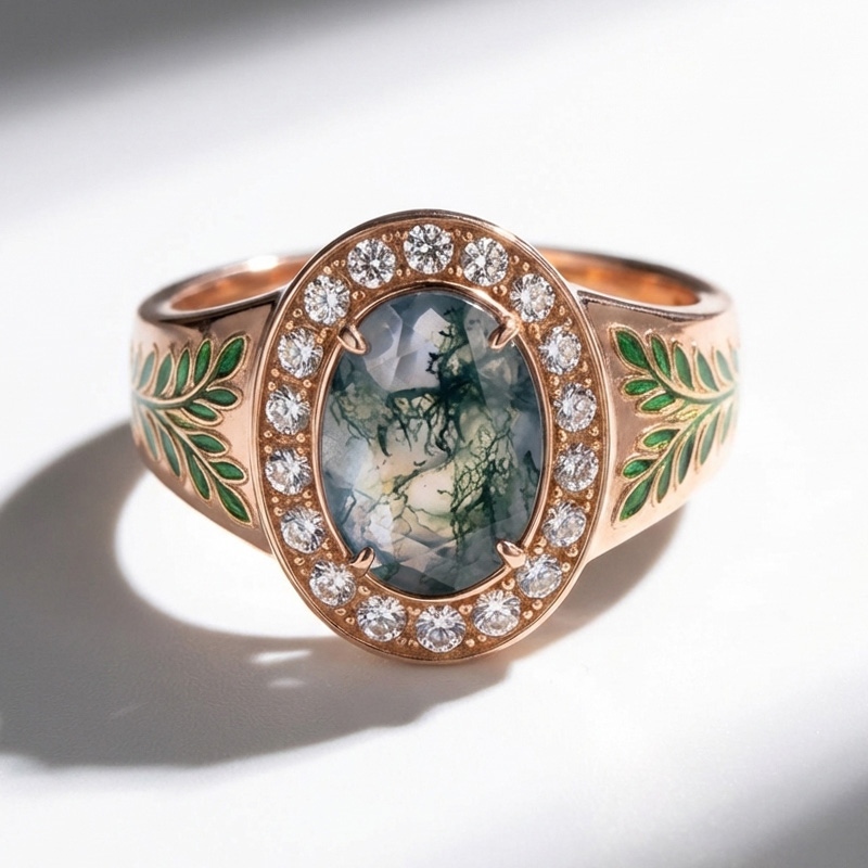 Sotiya Victorian Bay Leaf Enamel Halo Oval Cut Moss Agate Engagement Ring Sterling Silver-Sotiya