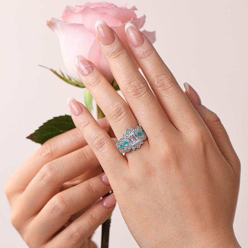 Sotiya Emerald Cut Starlight Enamel Engagement Ring Sterling Silver-Sotiya