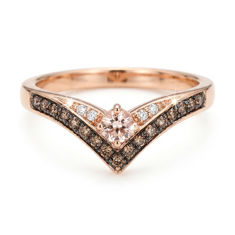 Sotiya V-shaped Synthetic Morganite Round Cut Coffee Women's Wedding Ring Band Sterling Silver-Sotiya