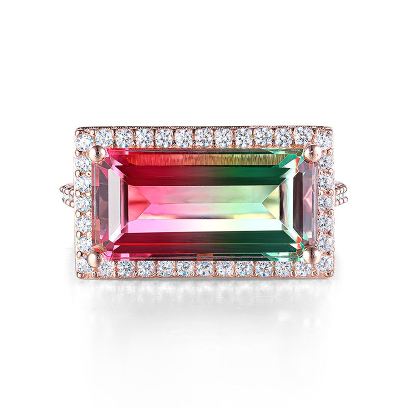 Sotiya Exquisite Halo Design Emerald Cut Watermelon Engagement Ring Sterling Silver-Sotiya