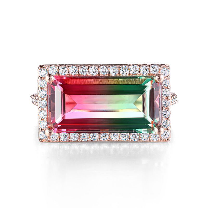 Sotiya Exquisite Halo Design Emerald Cut Watermelon Engagement Ring Sterling Silver-Sotiya