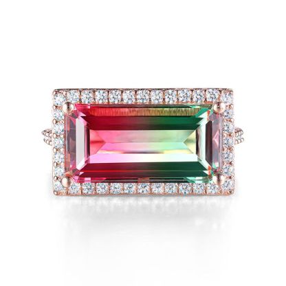 Sotiya Exquisite Halo Design Emerald Cut Watermelon Engagement Ring Sterling Silver-Sotiya
