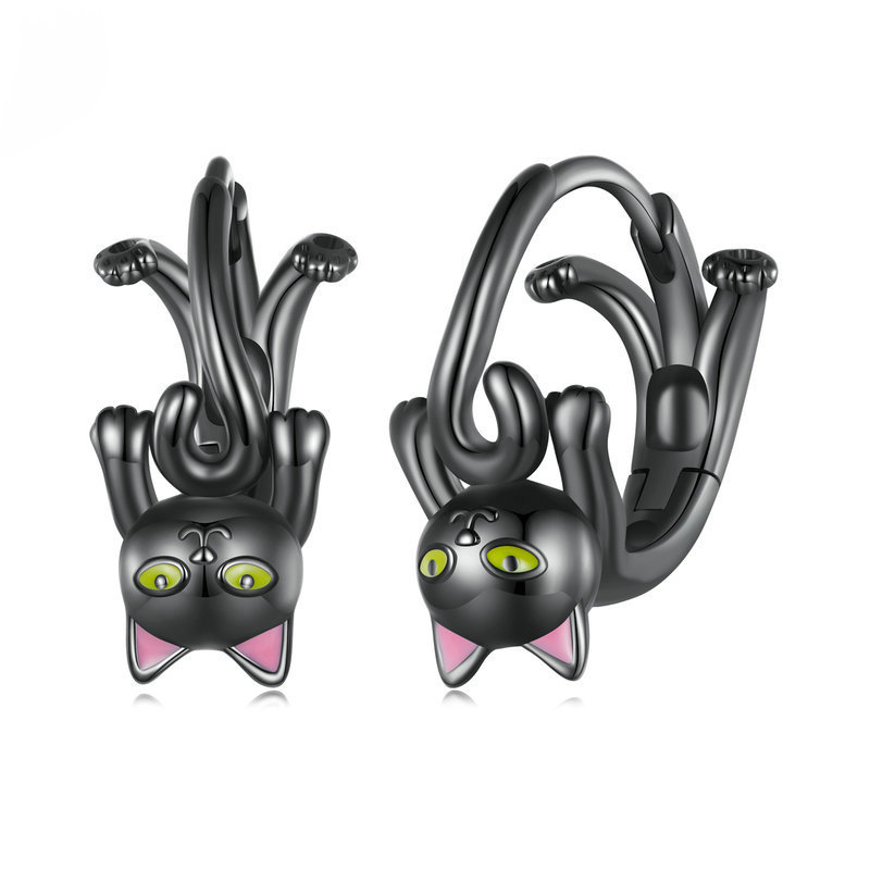 Sotiya Cute Black Cat Hoop Earrings Sterling Silver-Sotiya