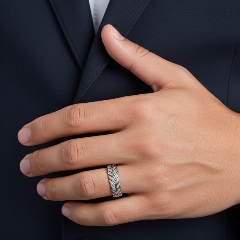 Sotiya Feather Design Unisex Coffee Chevron Band Ring Sterling Silver-Sotiya