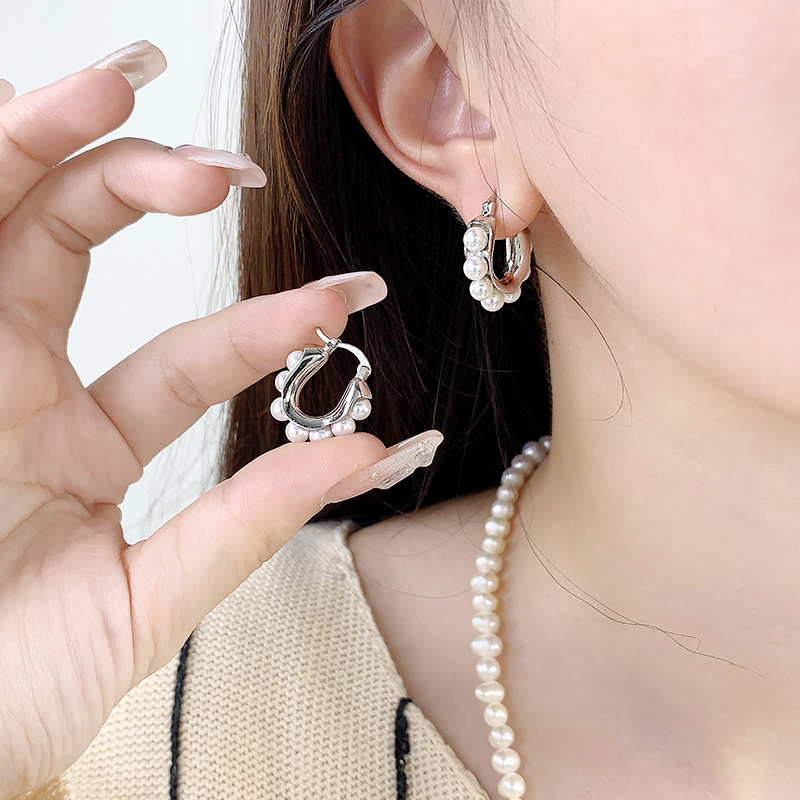 Sotiya Pearl U-shaped Hoop Earrings Sterling Silver-Sotiya