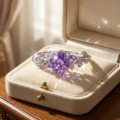 Sotiya Nature Inspired Leaf Round Cut Amethyst Engagement Ring Sterling Silver-Sotiya