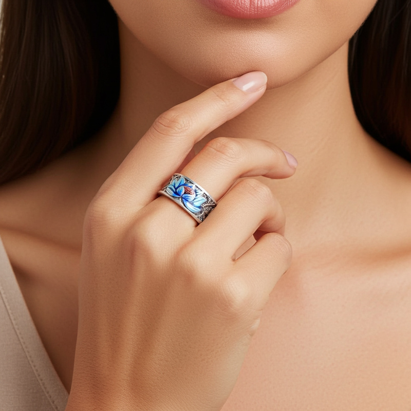 Sotiya Artist Collection Famous Painting Water Lilies Inspired Enamel Adjustable Ring Sterling Silver-Sotiya