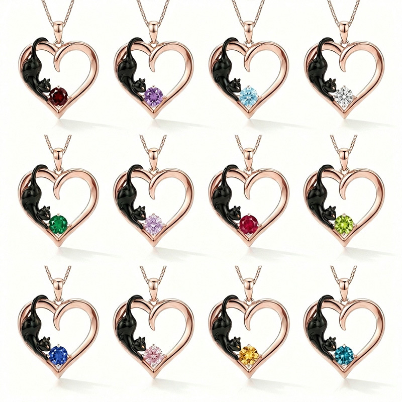 Sotiya 12 Birthstones Custom Engraving Heart Black Cat Round Cut Necklace Sterling Silver-Sotiya