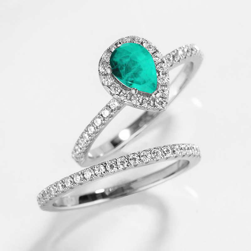 Sotiya Pear Cut Paraiba Halo Wedding Bridal Ring Set Sterling Silver-Sotiya