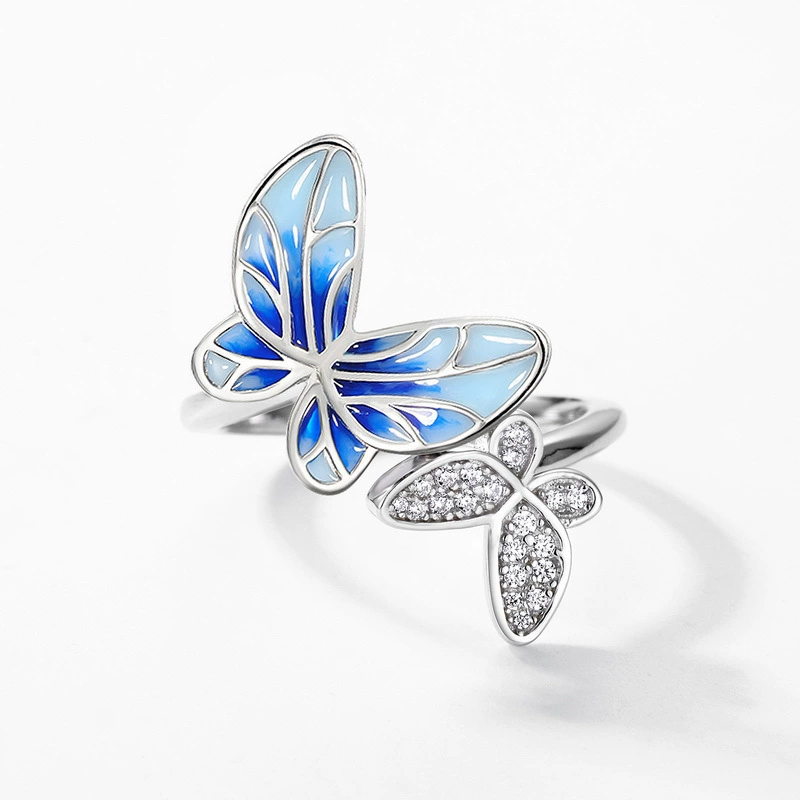 Sotiya Blue Enamel Butterfly Open Cocktail Ring Sterling Silver-Sotiya