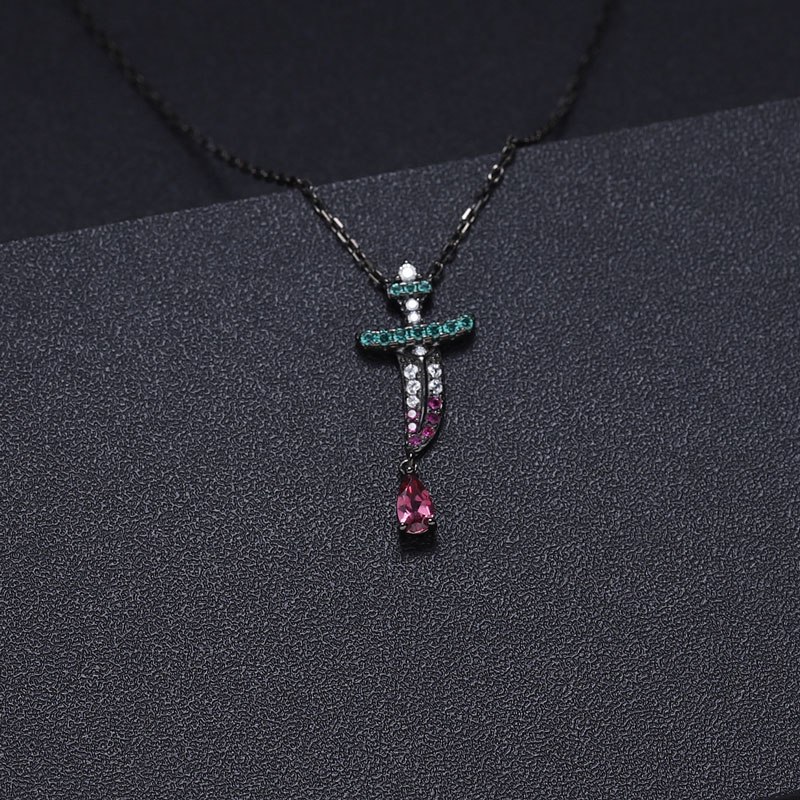 Sotiya Natural Gemstone Rhodolite Garnet Dagger Design Pendant Necklace Sterling Silver-Sotiya