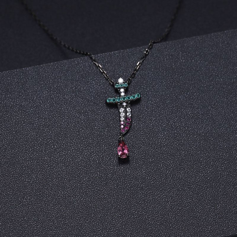 Sotiya Natural Gemstone Rhodolite Garnet Dagger Design Pendant Necklace Sterling Silver-Sotiya