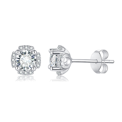 Sotiya Flower Design Round Cut Moissanite Stud Earrings Sterling Silver-Sotiya