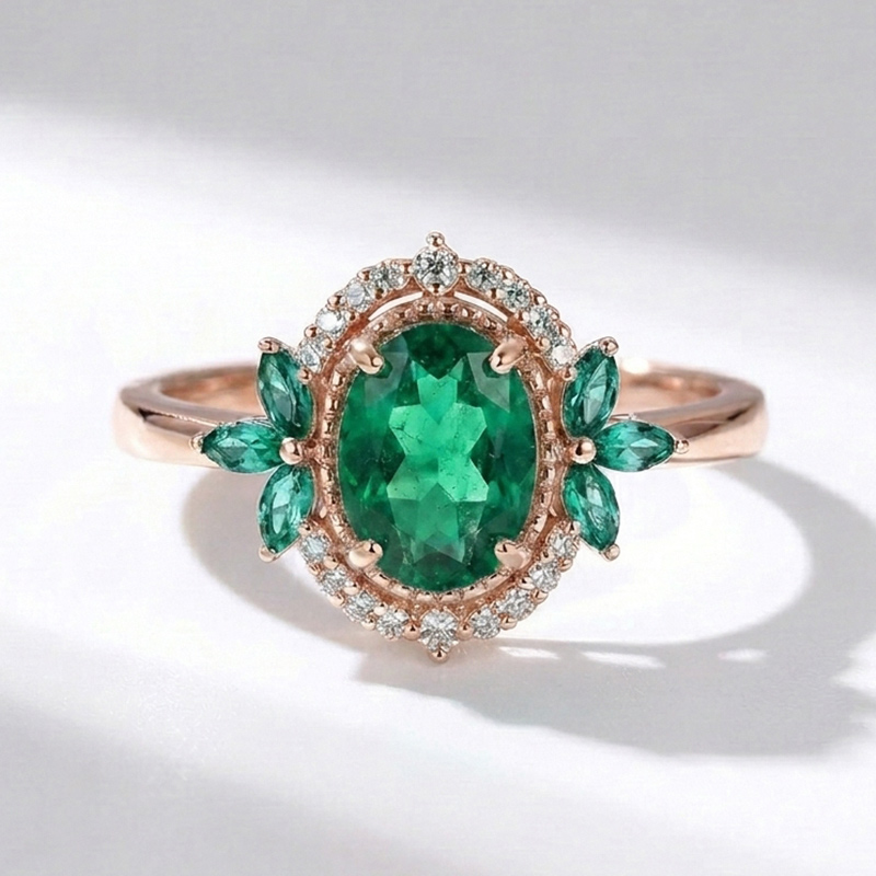 Sotiya Art Deco Emerald Green Oval Cut Engagement Ring Sterling Silver