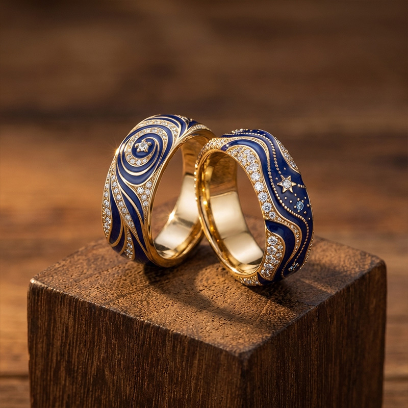 Sotiya Artist Collection Famous Painting Enamel Starry Night Curve Curl Design Women's Wedding Ring Band Sterling Silver