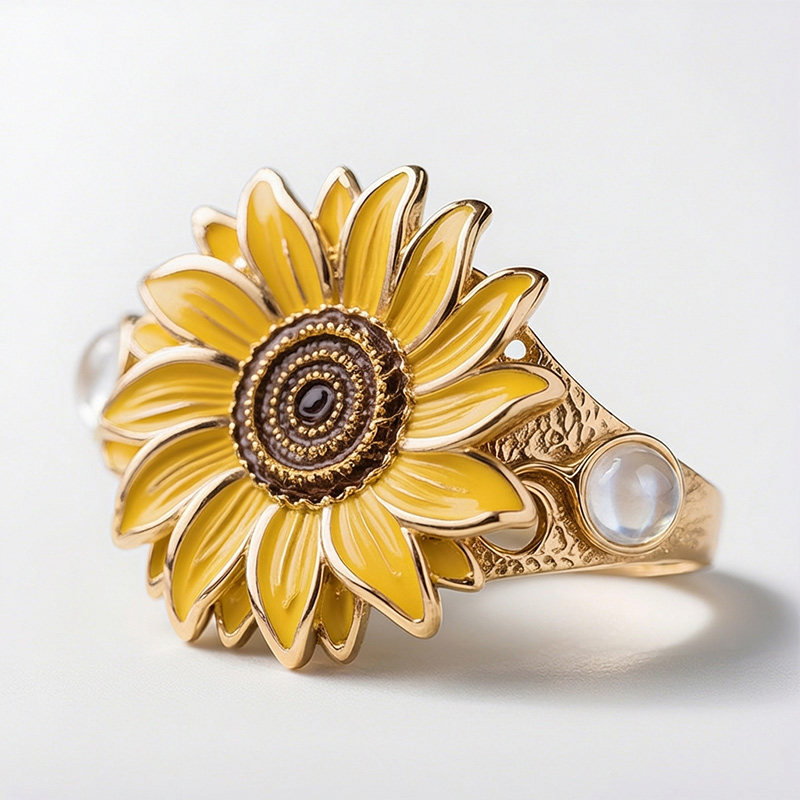 Sotiya Artist Collection Famous Painting Sunflower Moonstone Enamel Cocktail Ring Sterling Silver
