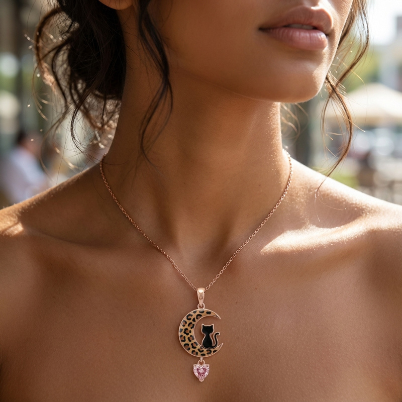 Sotiya Black Cat on Leopard Print Moon Pink Heart Pendant Necklace Sterling Silver-Sotiya