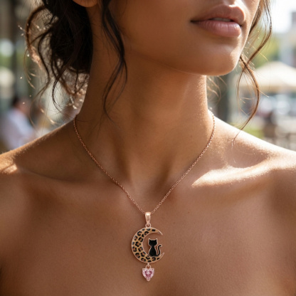 Sotiya Black Cat on Leopard Print Moon Pink Heart Pendant Necklace Sterling Silver-Sotiya