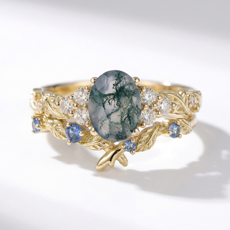 Sotiya Leaf Cluster Moss Agate Oval Cut Wedding Bridal Ring Set Sterling Silver-Sotiya