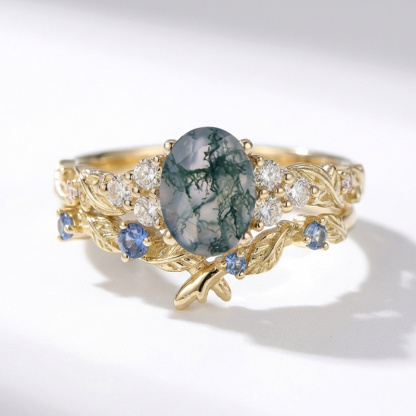 Sotiya Leaf Cluster Moss Agate Oval Cut Wedding Bridal Ring Set Sterling Silver-Sotiya