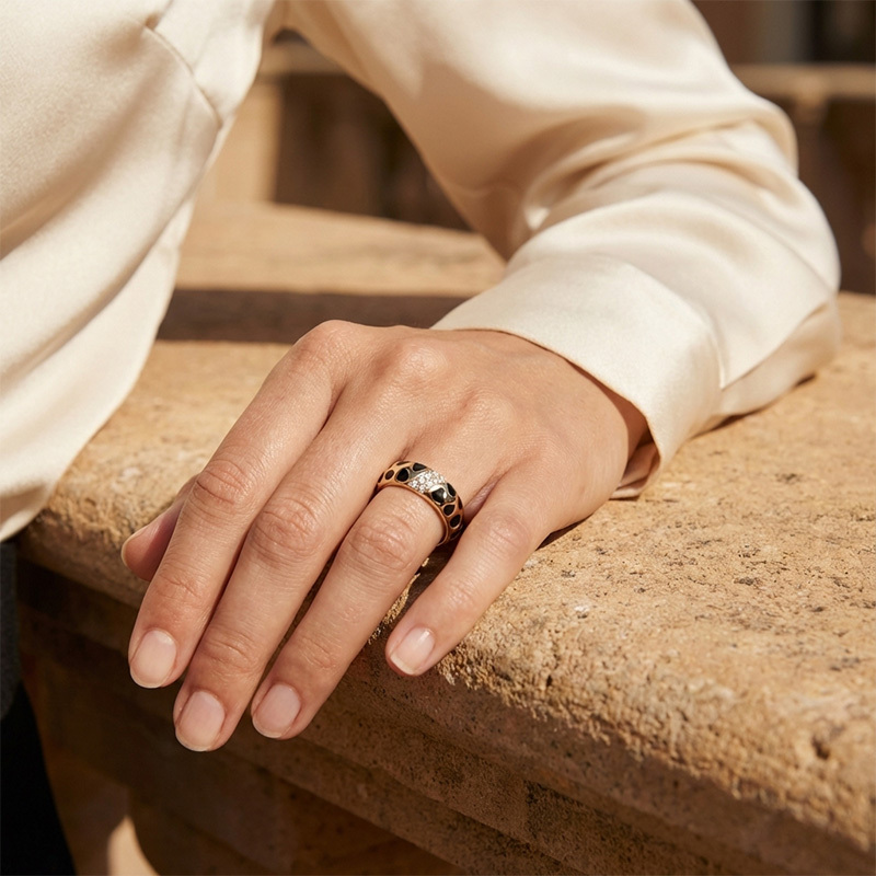 Sotiya Leopard Print Black Enamel Ring Sterling Silver-Sotiya