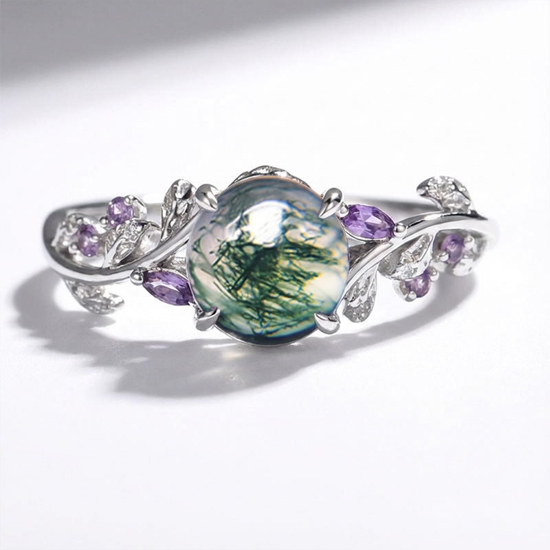 Sotiya Nature Inspired Leaf Round Cut Moss Agate Engagement Ring Sterling Silver-Sotiya