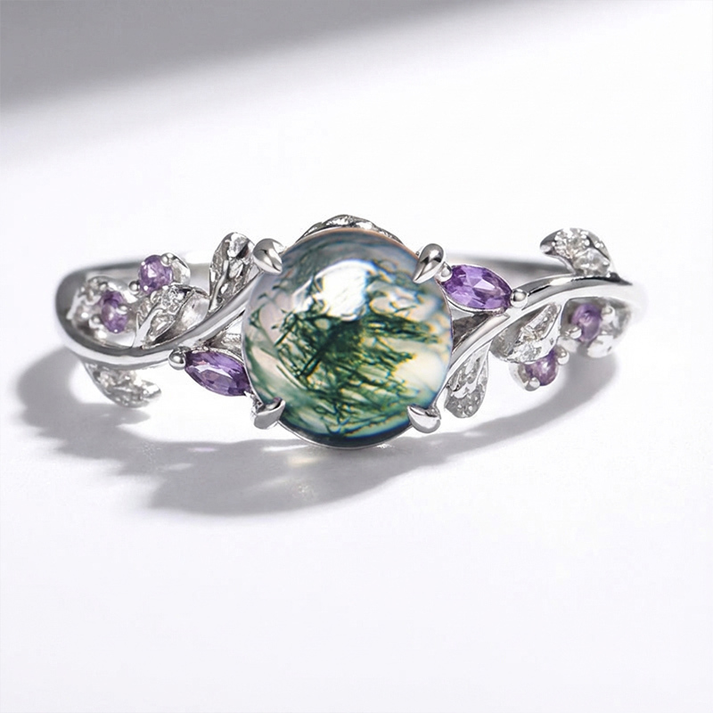 Sotiya Nature Inspired Leaf Round Cut Moss Agate Engagement Ring Sterling Silver-Sotiya
