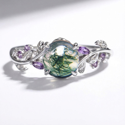 Sotiya Nature Inspired Leaf Round Cut Moss Agate Engagement Ring Sterling Silver-Sotiya