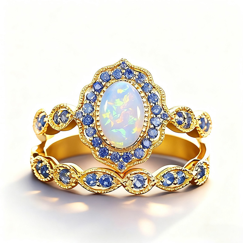 Sotiya Vintage Halo Oval Cut Opal Wedding Bridal Ring Set Sterling Silver-Sotiya