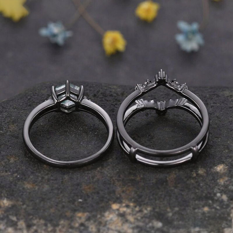 Sotiya Vintage Art Deco Hexagon Cut Green Moss Agate Enhancer Wedding Bridal Ring Set Sterling Silver-Sotiya