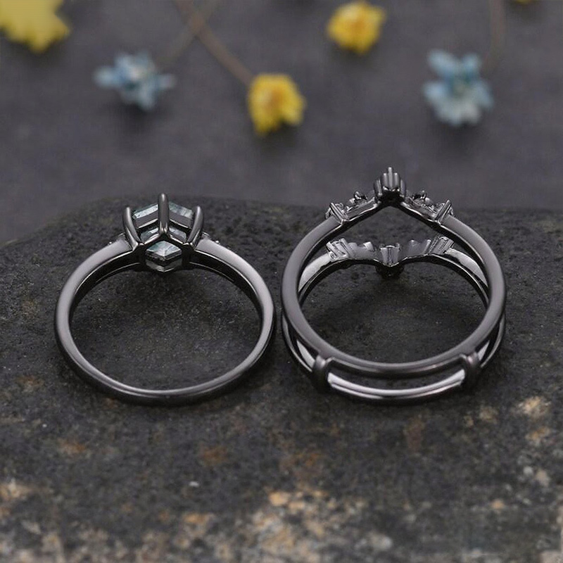 Sotiya Vintage Art Deco Hexagon Cut Green Moss Agate Enhancer Wedding Bridal Ring Set Sterling Silver-Sotiya