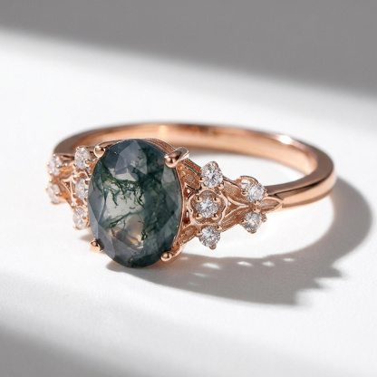 Sotiya Floral Sidestones Moss Agate Oval Cut Engagement Ring Sterling Silver-Sotiya