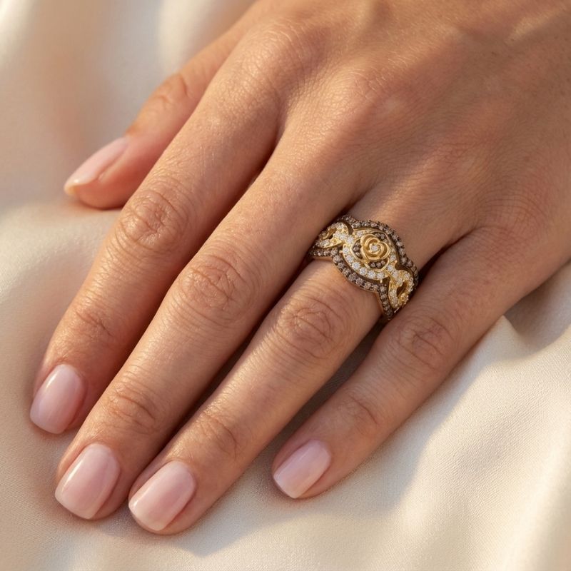 Sotiya Wide Rose Design Coffee Women's Wedding Ring Sterling Silver-Sotiya