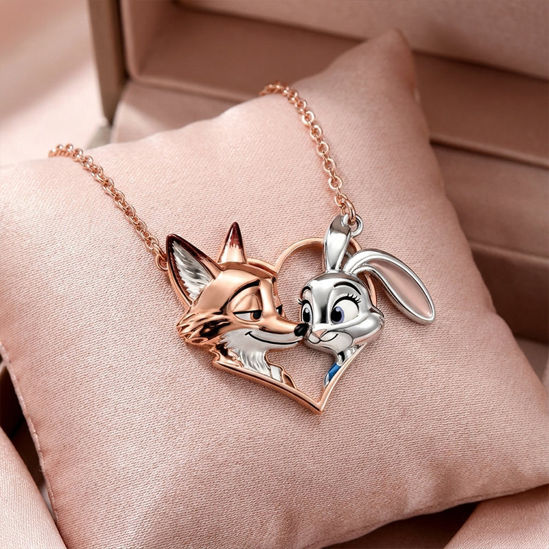 Animal City Bunny and Fox Inspired Couple Heart Necklace-Sotiya