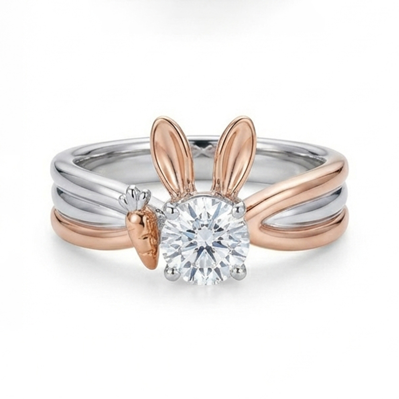 Animal City Two Tone Bunny Inspired Round Cut Engagement Ring-Sotiya