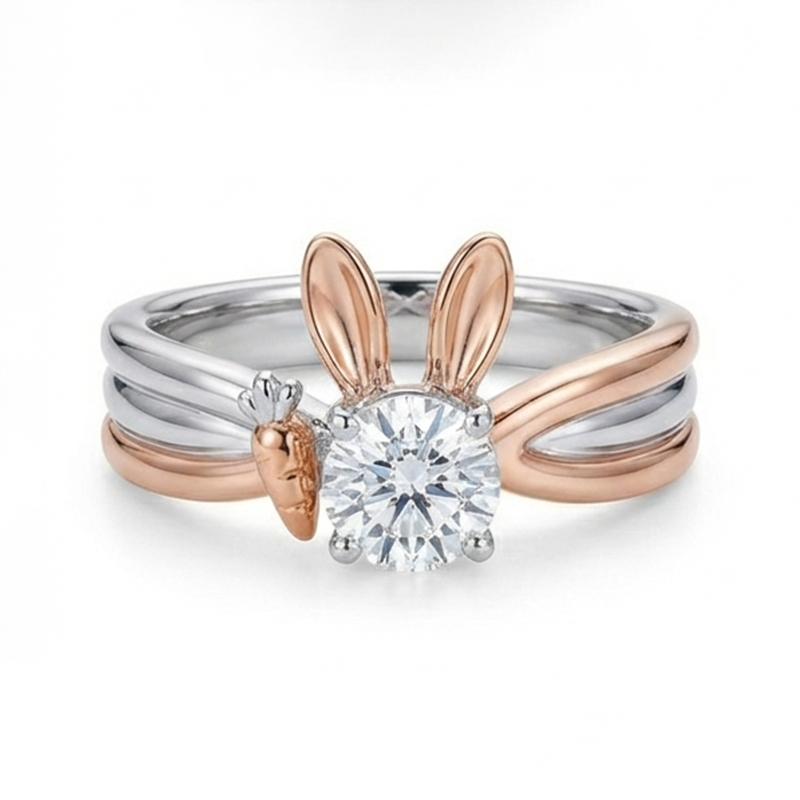 Animal City Bunny and Fox Inspired Round Cut Couple Rings-Sotiya