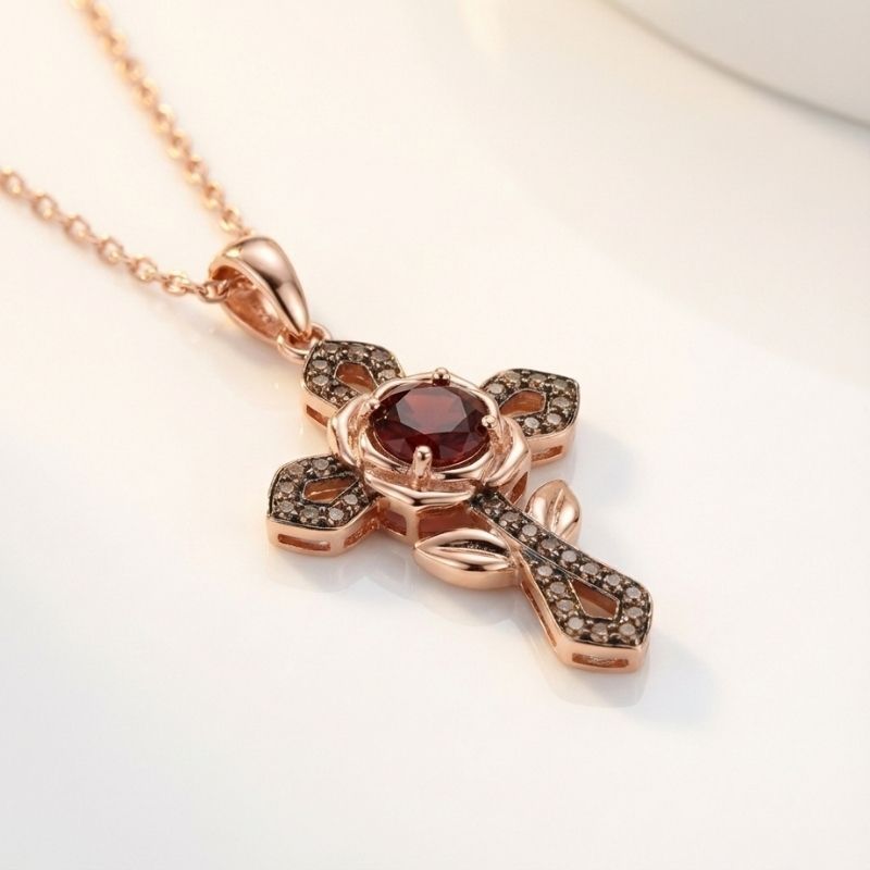 Sotiya Rose Design Faith Cross Coffee Round Cut Necklace Sterling Silver-Sotiya