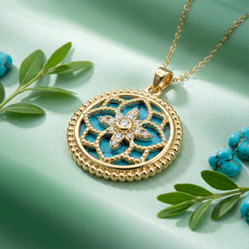 Sotiya Flower Design Turquoise/Mother-of-Pearl/Black Onyx Necklace 18K Gold Plated