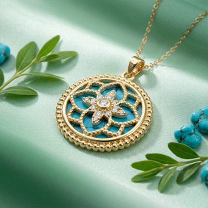 Sotiya Flower Design Turquoise/Mother-of-Pearl/Black Onyx Necklace 18K Gold Plated