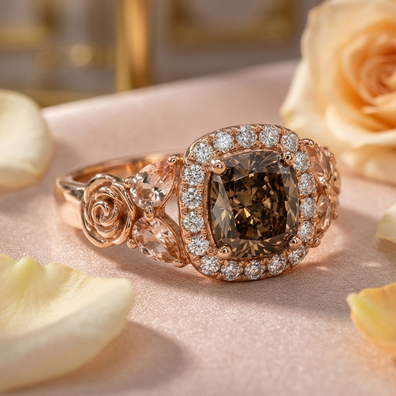 Sotiya Rose Synthetic Morganite Halo Cushion Cut Coffee Engagement Ring Sterling Silver-Sotiya