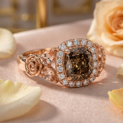 Sotiya Rose Synthetic Morganite Halo Cushion Cut Coffee Engagement Ring Sterling Silver-Sotiya