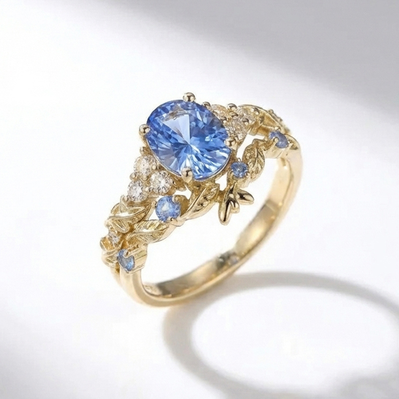 Sotiya Leaf Cluster Aquamarine Blue Oval Fantasy Starbrite Cut Wedding Bridal Ring Set Sterling Silver-Sotiya